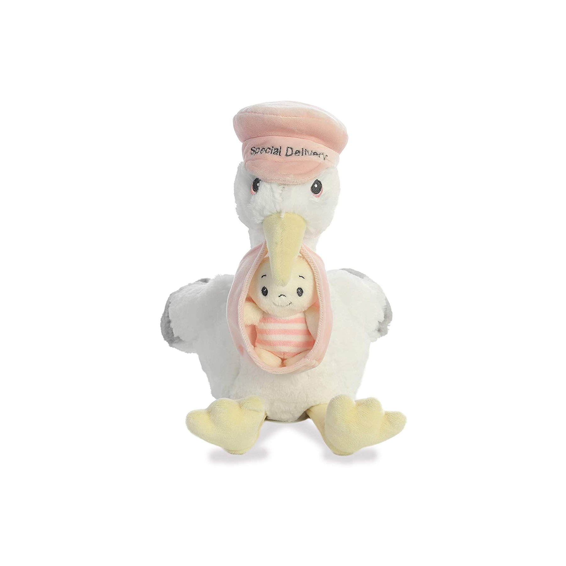 Speciale bezorging De babyveilige pluche roze en blauwe ooievaar met Joey zacht, op maat gemaakt knuffeltje