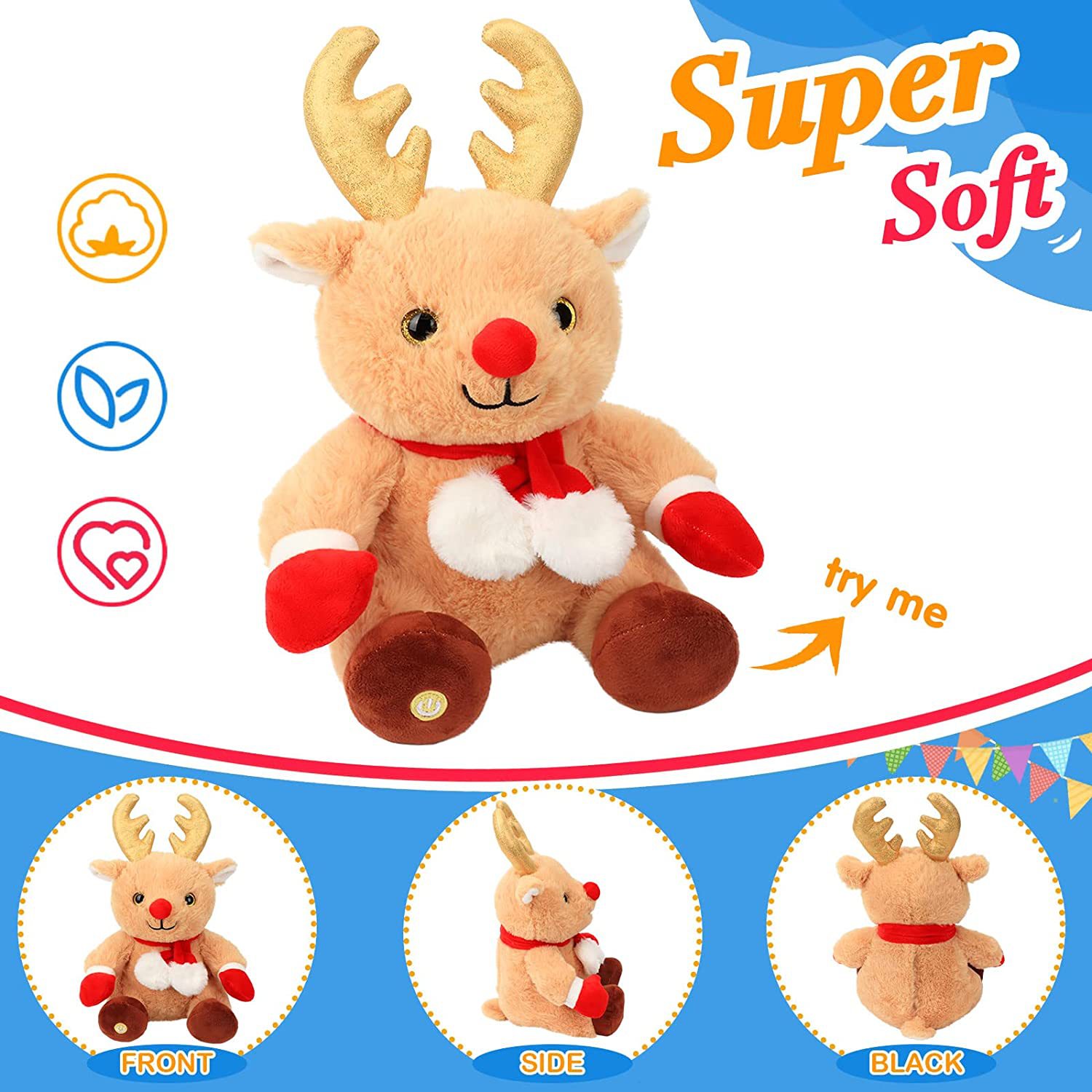 Br&eacute;ag&aacute;in Leictreacha Nollag Plush Doll Moose Stuffed le Solas faoi sti&uacute;ir