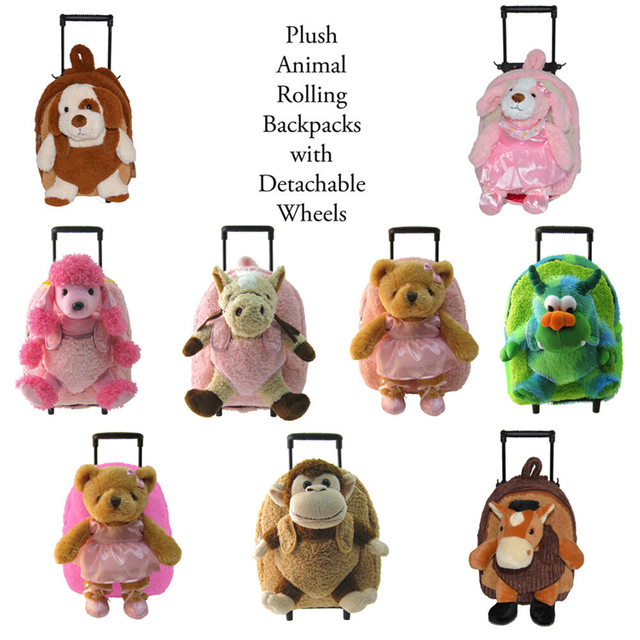 Backpacks rolladh ainmhithe plush le bronntanas bréagán rothaí inscortha