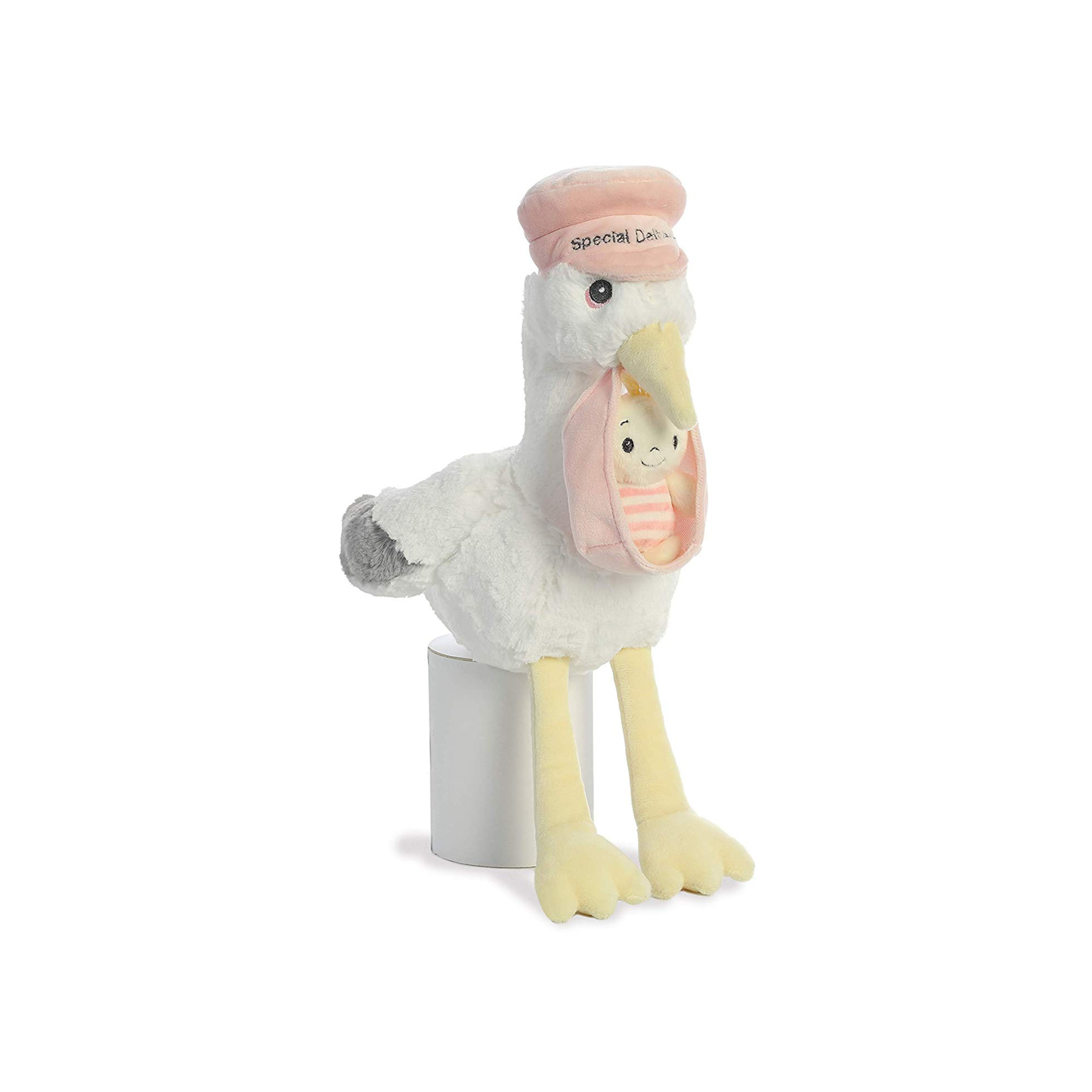 Speciale bezorging De babyveilige pluche roze en blauwe ooievaar met Joey zacht, op maat gemaakt knuffeltje