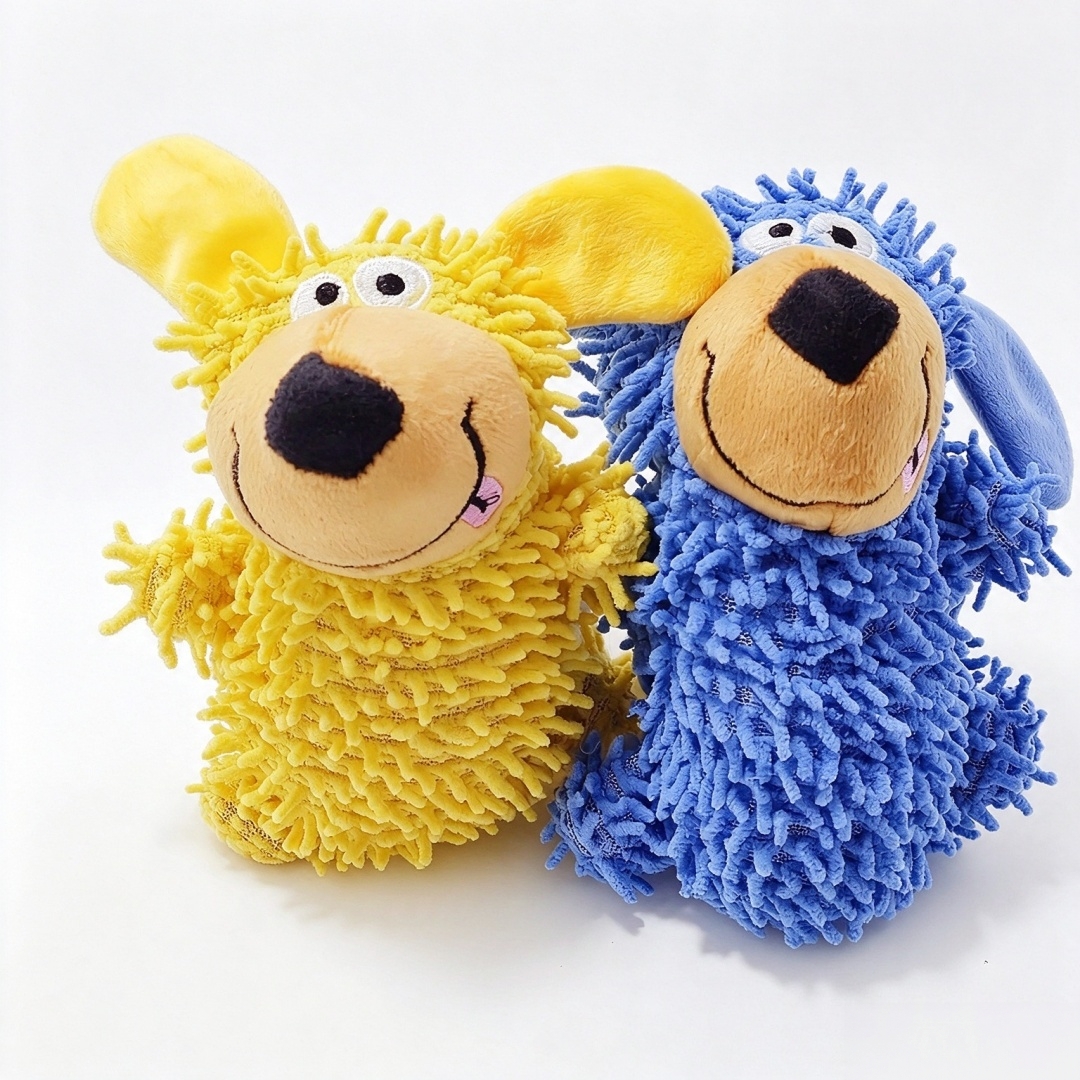 Mop Anjing Biru Kuning Mewah Mainan Haiwan Tersuai Kenyal Lembut Berdecit