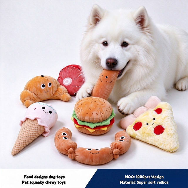 Ps&iacute; p&aacute;rty Food Design Hamburger Měkk&eacute; plyšov&eacute; p&iacute;skac&iacute; žv&yacute;kac&iacute; hračky